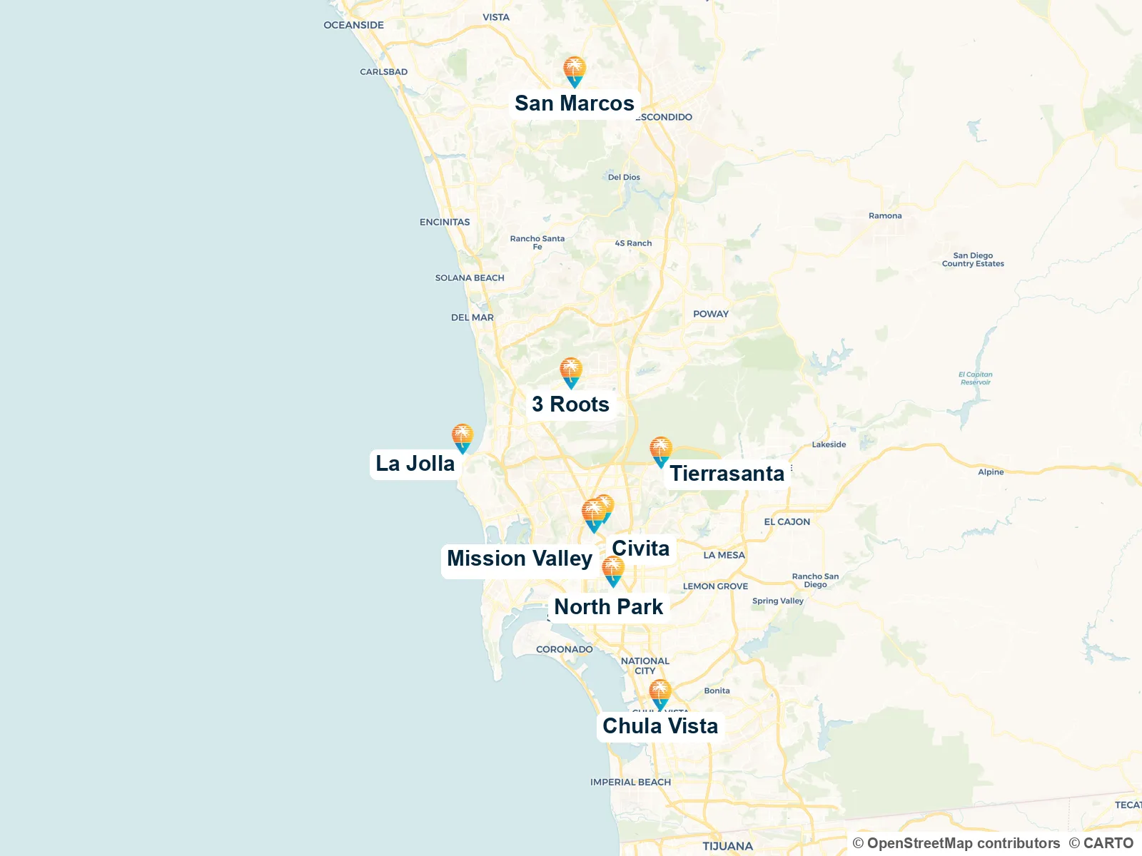 Map of Terry's Tankless service area across San Diego, from Chula Vista up to San Marcos, with pins on Civita, 3 Roots, Mission Valley, North Park, Tierrasanta and La Jolla